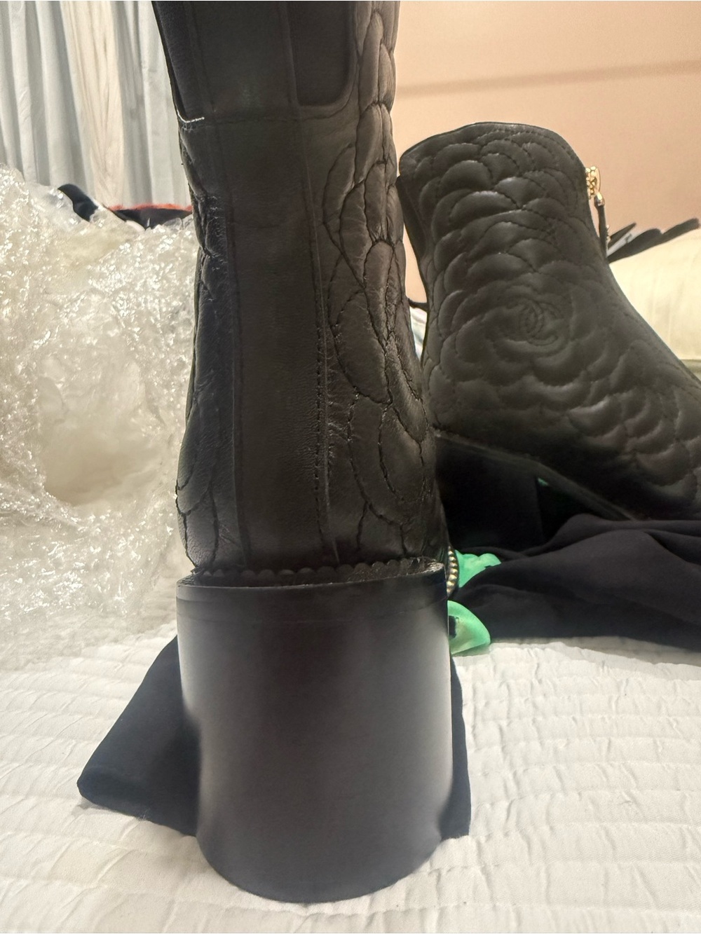 Black Quilted Leather Zip Boots with Gold Trim - Picture 3 of 5